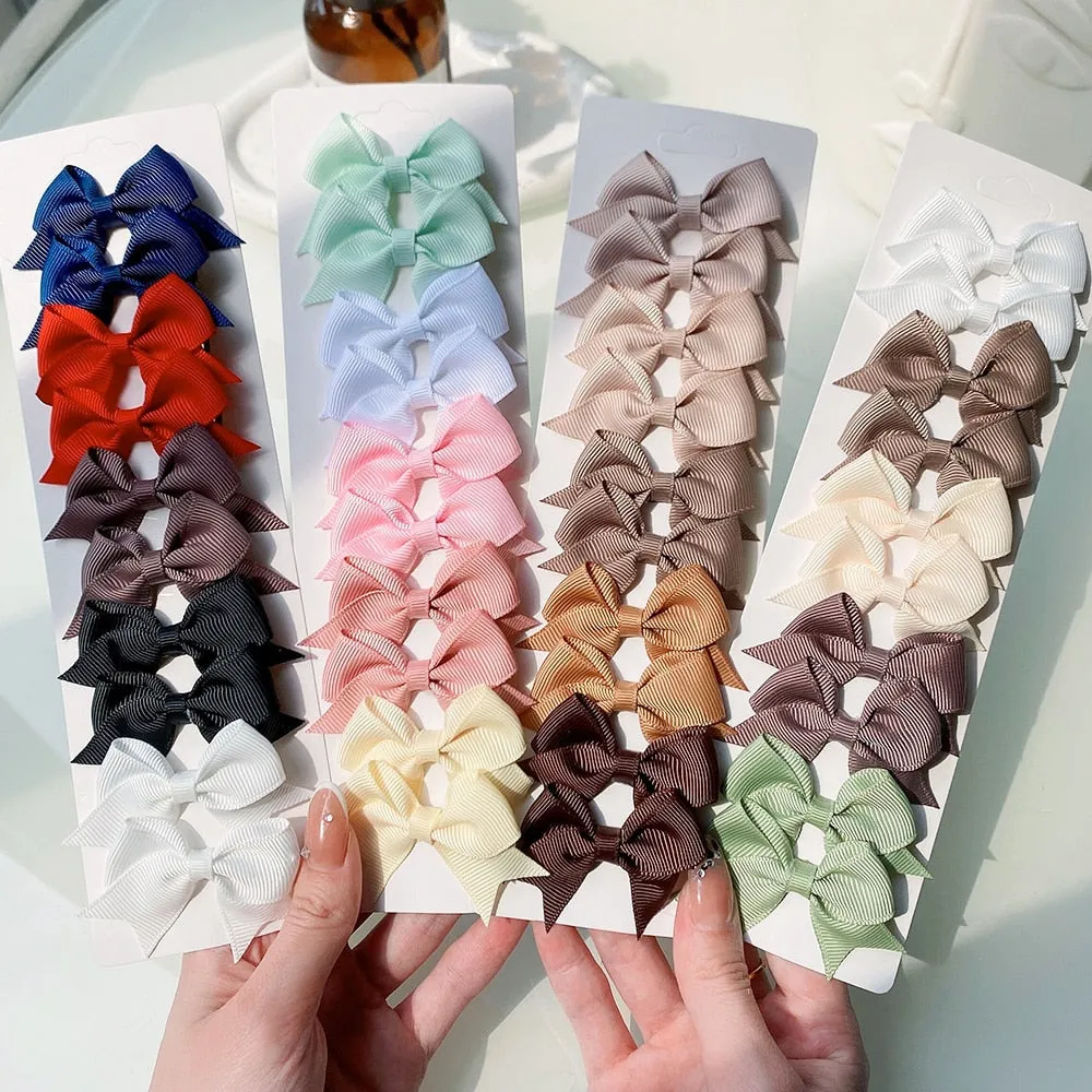 10Pcs/Set New Solid Ribbon Bowknot Hair Clips For Baby Girls Handmade