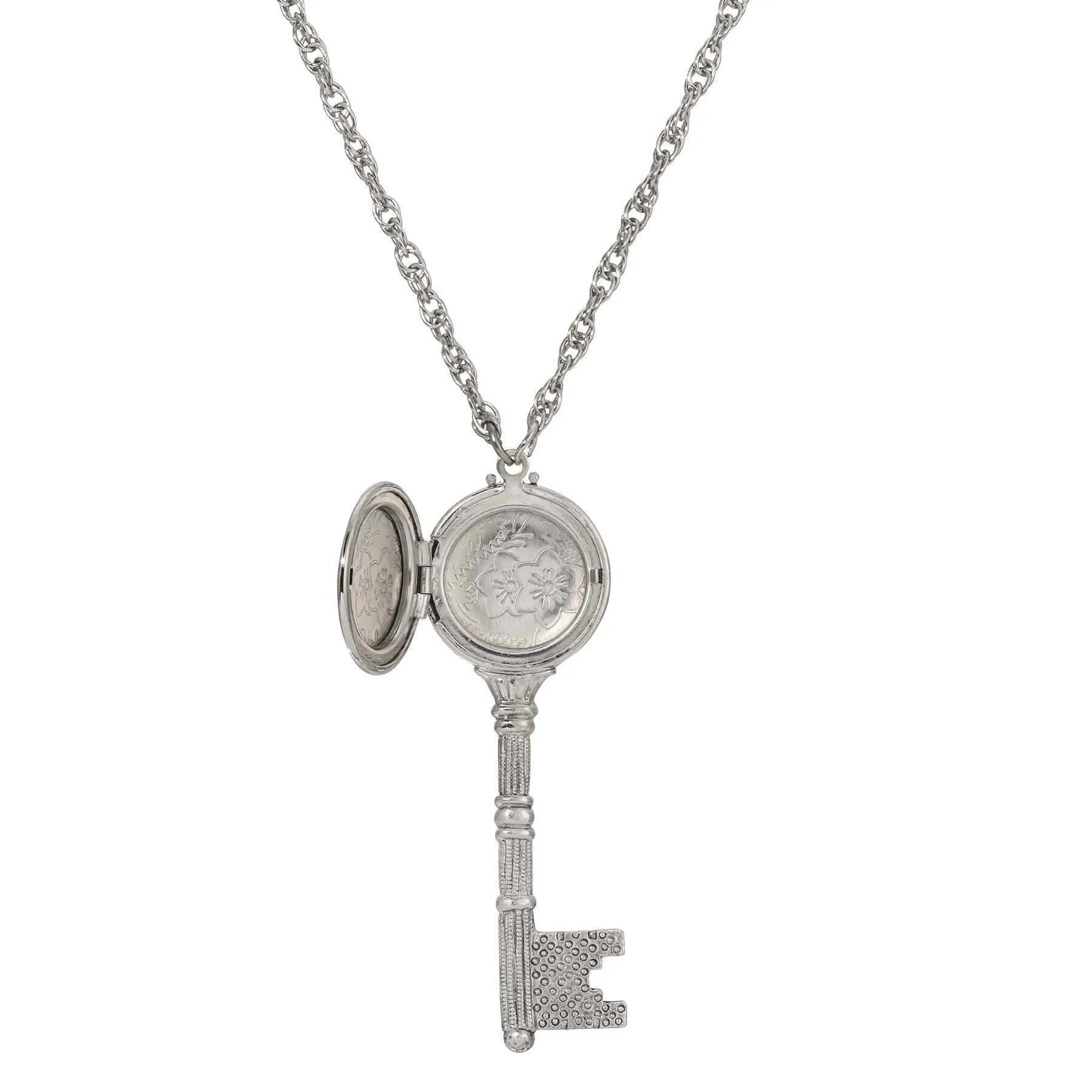 1928 Jewelry Skeleton Key Flower Pendant Photo Locket Necklace 28"