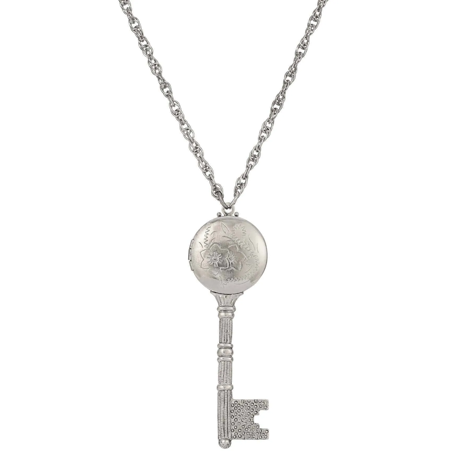 1928 Jewelry Skeleton Key Flower Pendant Photo Locket Necklace 28"