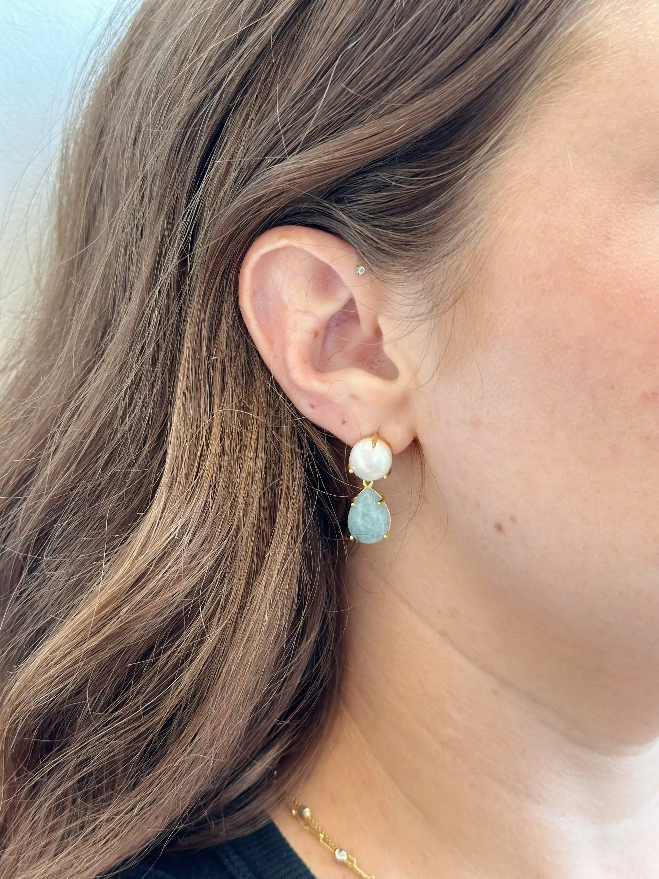 Amare Wear Freshwater Pearl and Teardrop Aquamarine Statement Earring