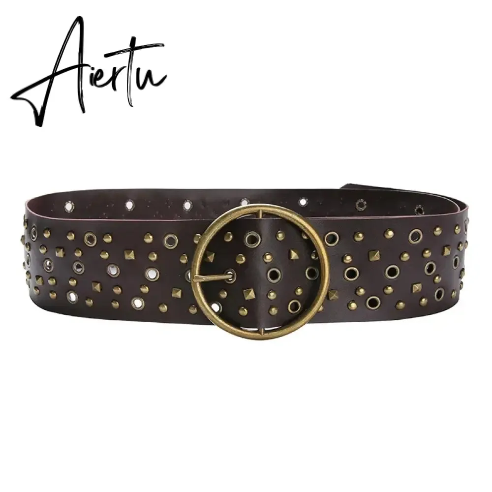 American Retro Grunge Belts PU Leather Rivet Metal Ring Hollow Out  Adjustable Belts Y2K Aesthetic Cyber Edgy Techno Accessories