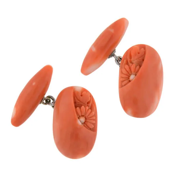 Art Deco 14kt Natural Coral Hand Carved Flower Cufflinks