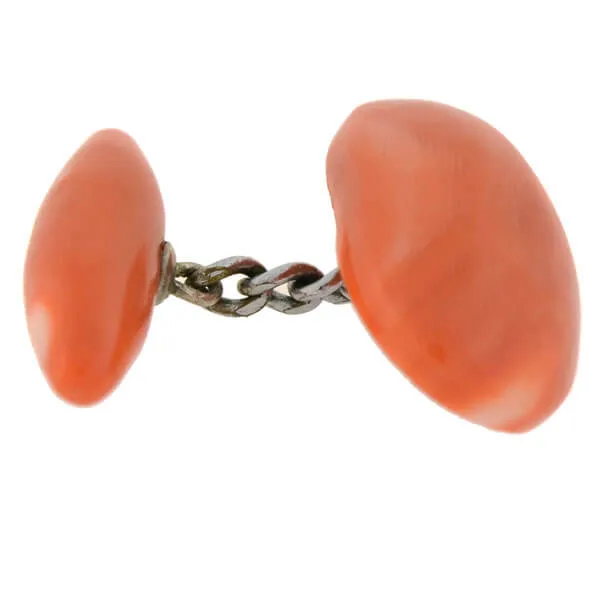 Art Deco 14kt Natural Coral Hand Carved Flower Cufflinks