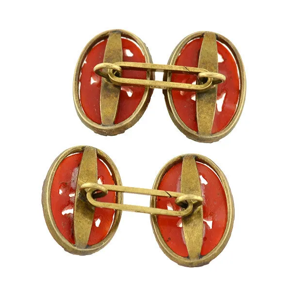 Art Deco 14kt Natural Oxblood Coral Carved Flower Cufflinks