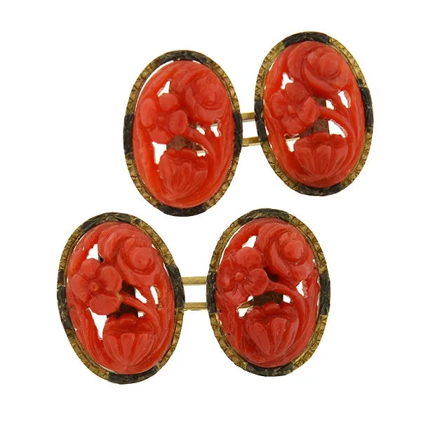 Art Deco 14kt Natural Oxblood Coral Carved Flower Cufflinks