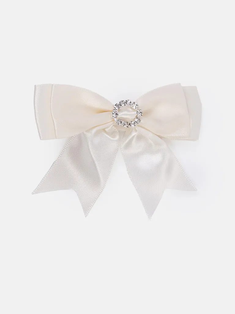 Baby Girl Satin Bow with Diamond Hairclip - Ivory