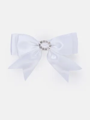 Baby Girl Satin Bow with Diamond Hairclip - White