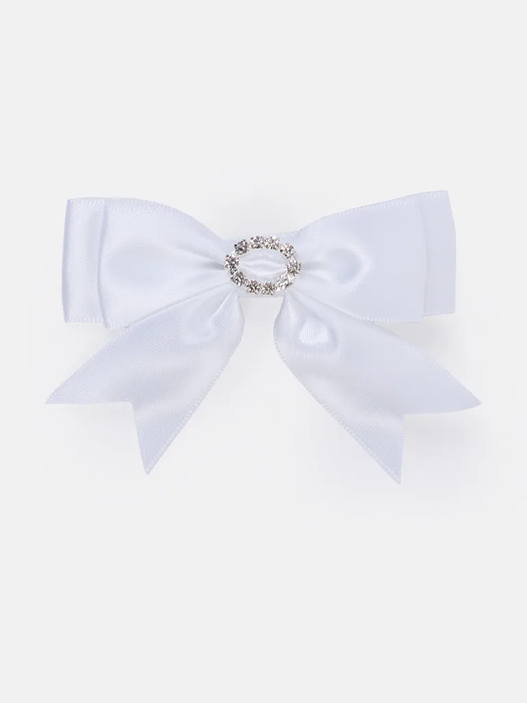 Baby Girl Satin Bow with Diamond Hairclip - White