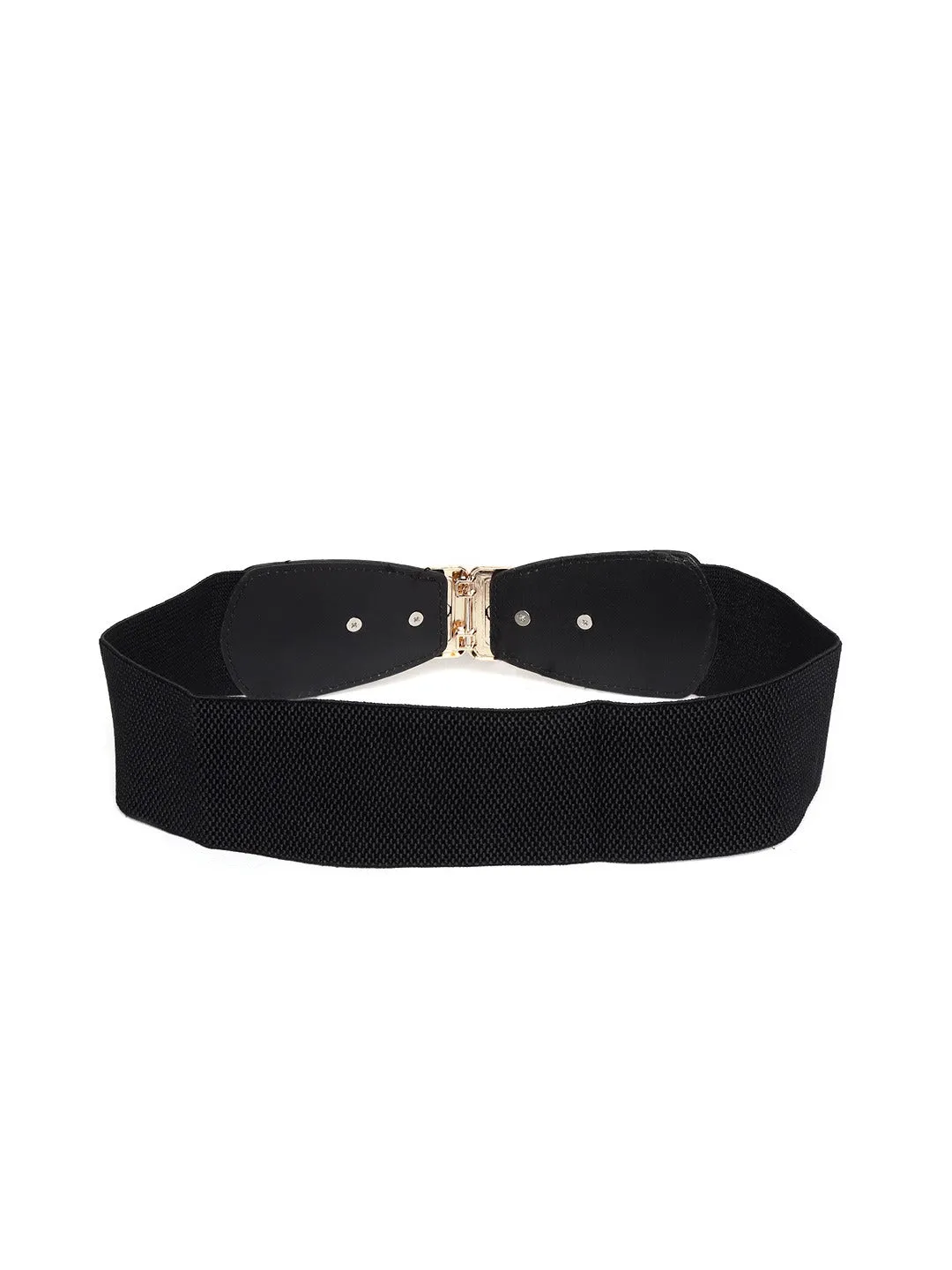 Berrylush Women Black Elastic Strap Golden Lock Concho Buckle Belt