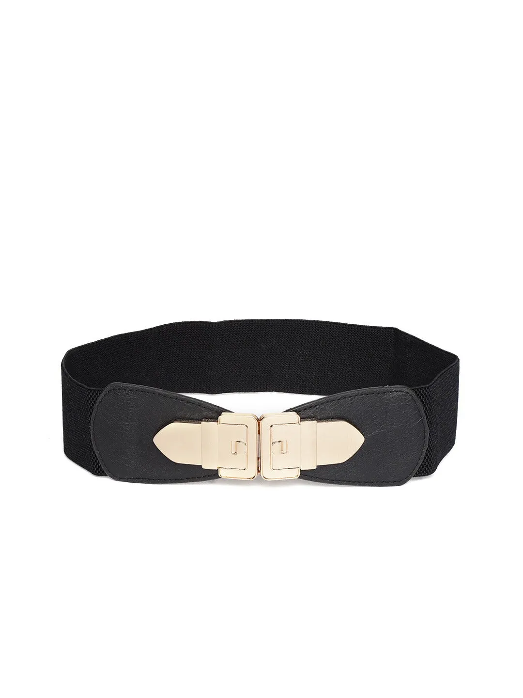 Berrylush Women Black Elastic Strap Golden Lock Concho Buckle Belt