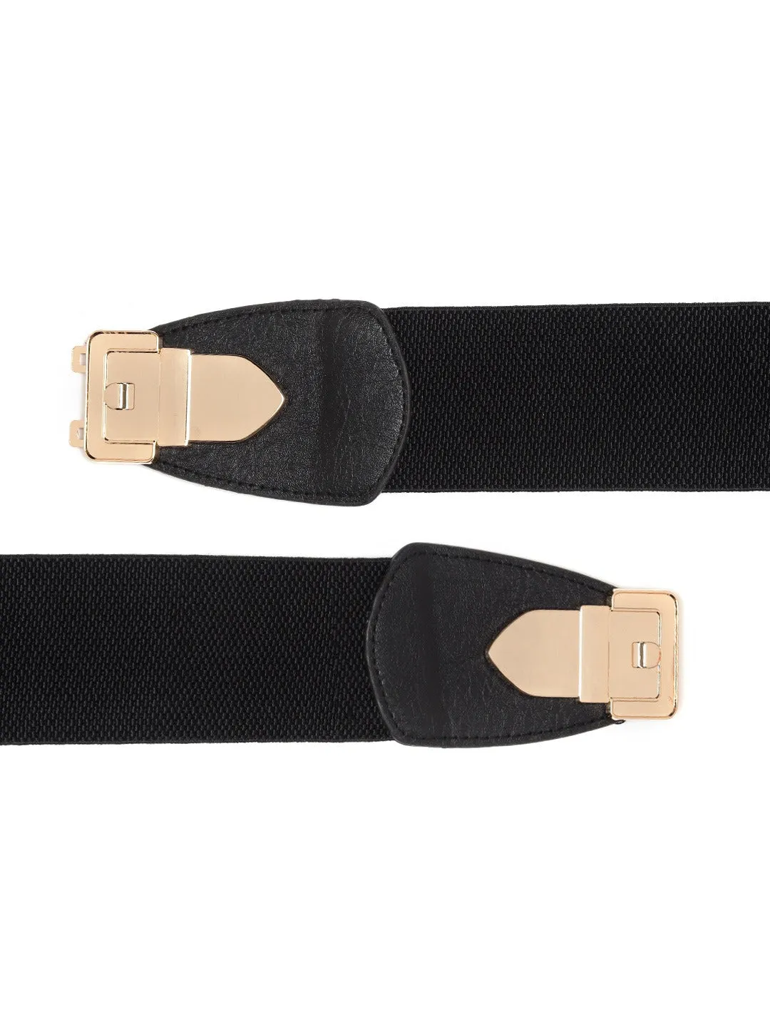 Berrylush Women Black Elastic Strap Golden Lock Concho Buckle Belt