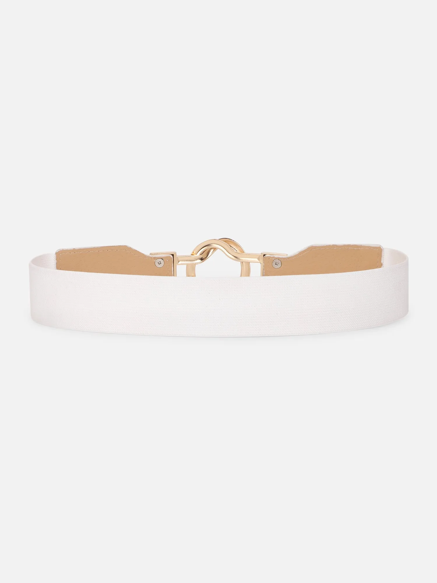 Berrylush Women Solid White Golden Embellished PU Nylon Interlock Regular Slim Belt