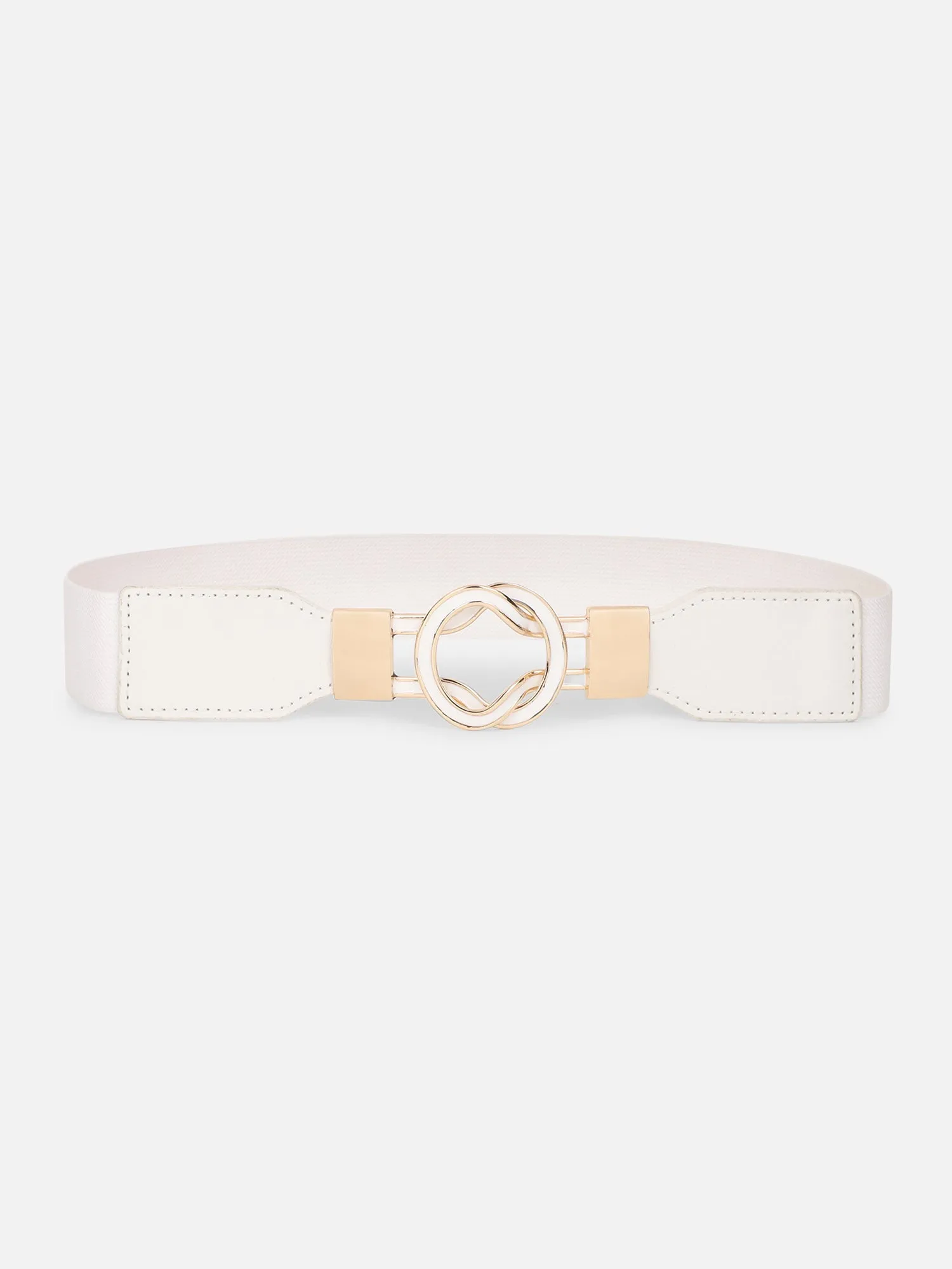 Berrylush Women Solid White Golden Embellished PU Nylon Interlock Regular Slim Belt