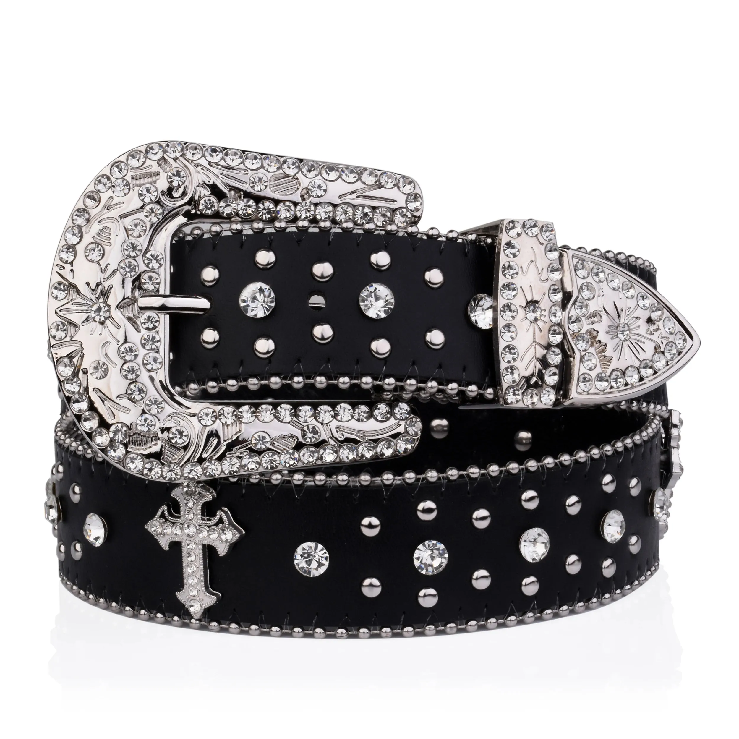 Black Cross Rivet Belt Engraved Buckle Rhinestone Décor Belt