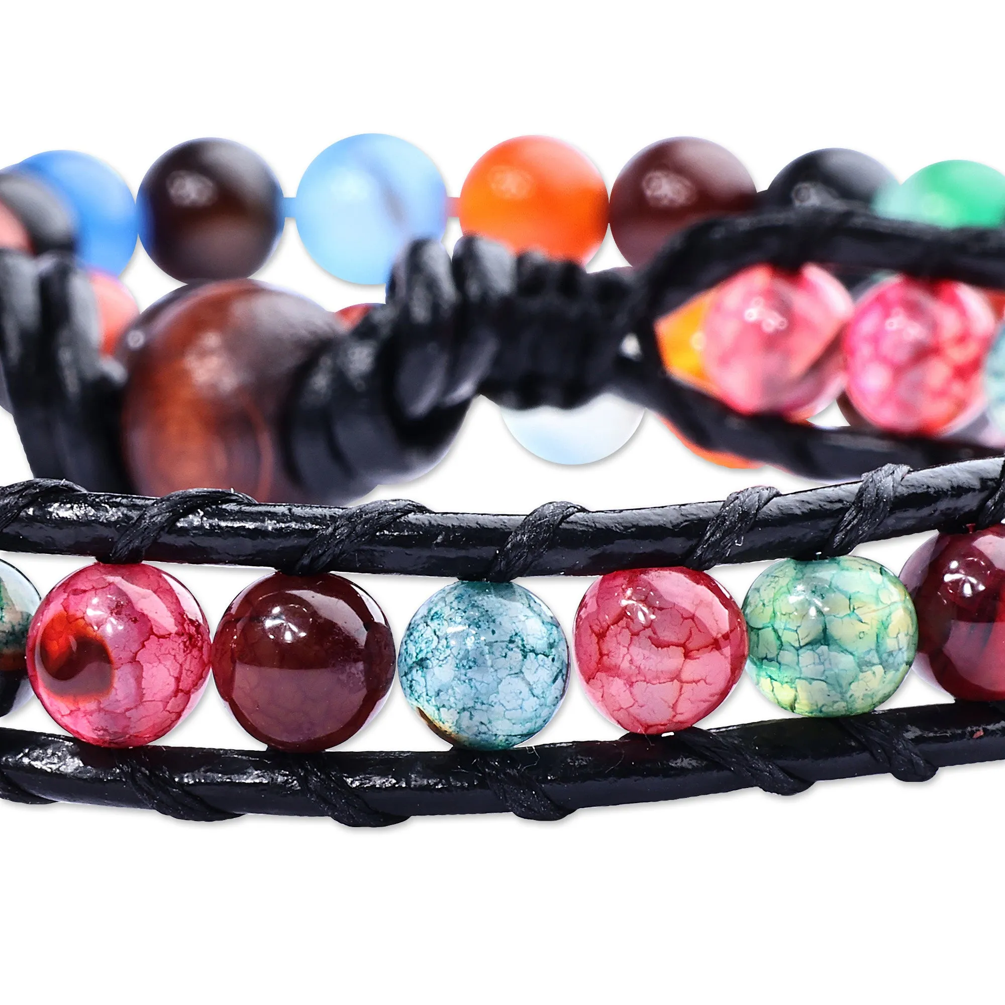 Black Leather and Natural Agate Bracelets (Set of 2) - Harmonious Energies | NOVICA