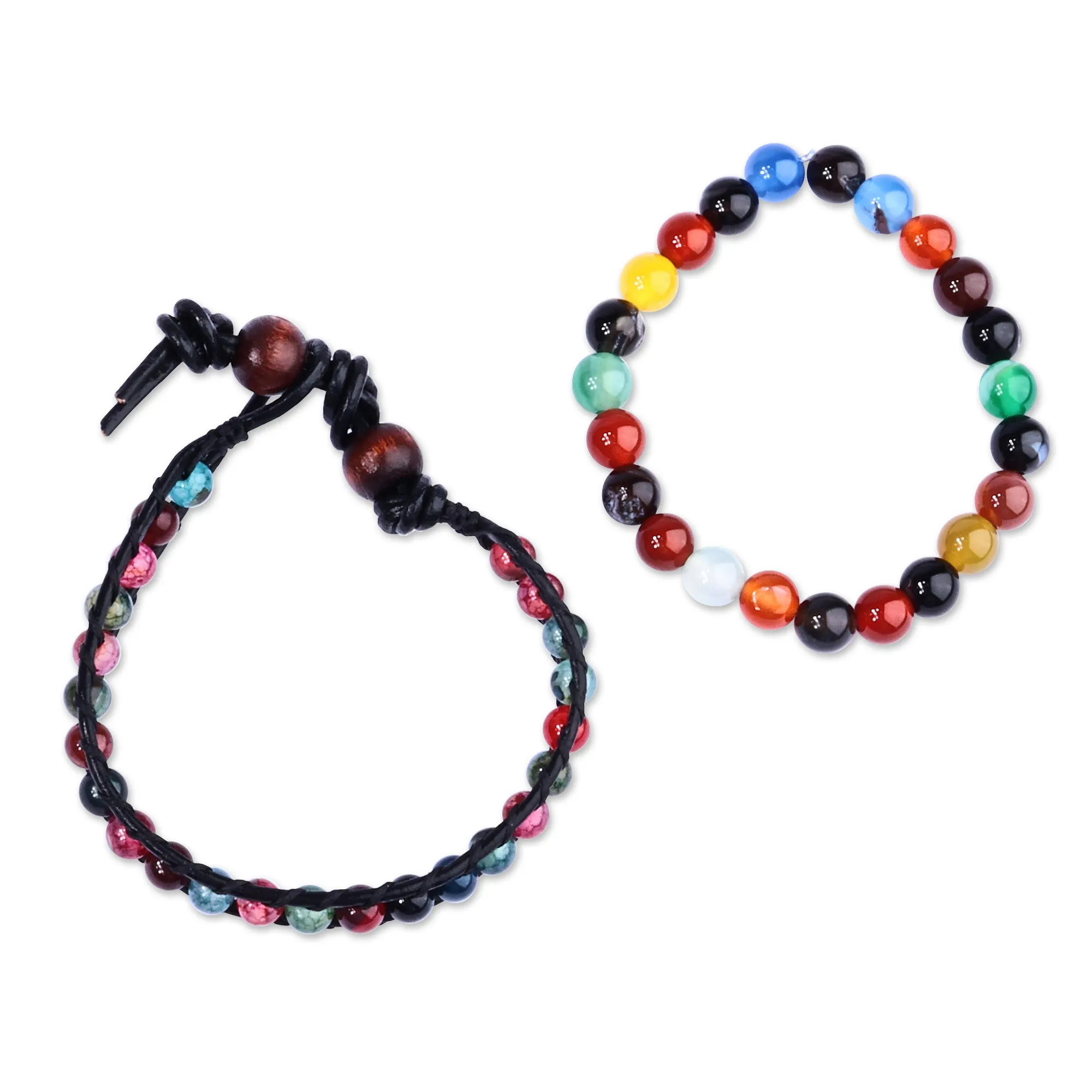 Black Leather and Natural Agate Bracelets (Set of 2) - Harmonious Energies | NOVICA