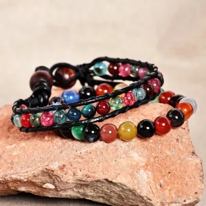 Black Leather and Natural Agate Bracelets (Set of 2) - Harmonious Energies | NOVICA