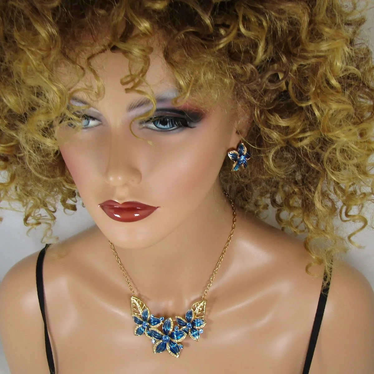 Blue & Gold Flower Necklace with Gold Chain & Earrings