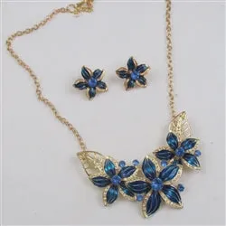 Blue & Gold Flower Necklace with Gold Chain & Earrings