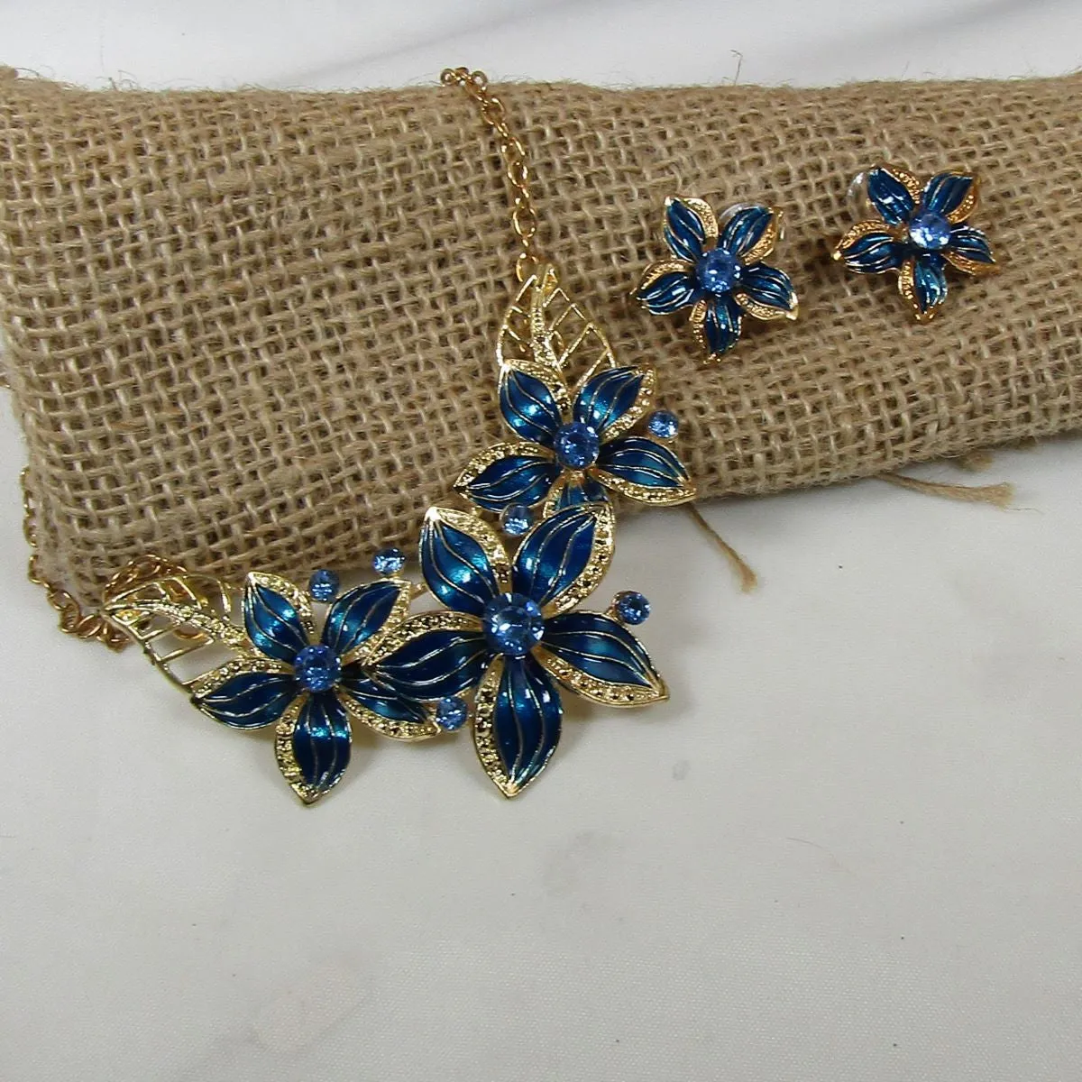 Blue & Gold Flower Necklace with Gold Chain & Earrings