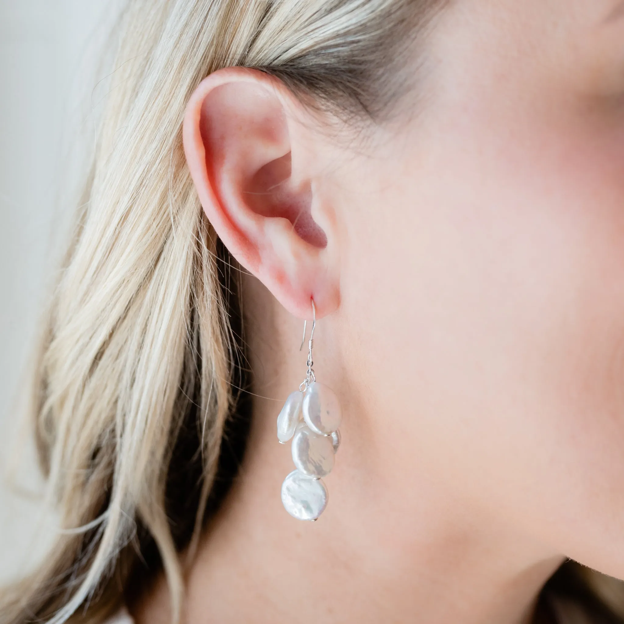 Cascading Coin Pearl Earrings | Clustered Elegance & Sterling Silver | By Pearly Girls