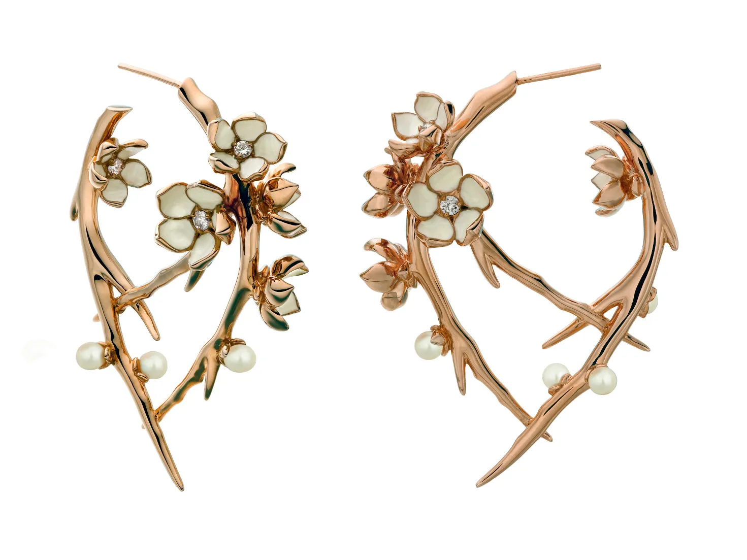 Cherry Blossom Hoop Earrings - Rose Gold Vermeil, Diamond & Pearl