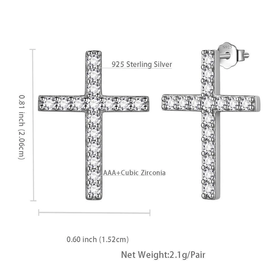 Classic Cross Stud Earrings Women Mens Jewelry Sterling Silver