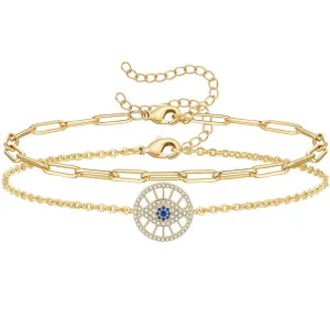 Dainty 14k Gold Plated Layering Evil Eye Anklets Set-Round Eye & Paperclip