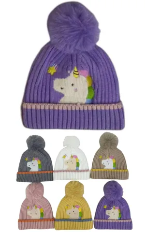 DBHK3933 Kids Unicorn Winter Knit PomPom Hats