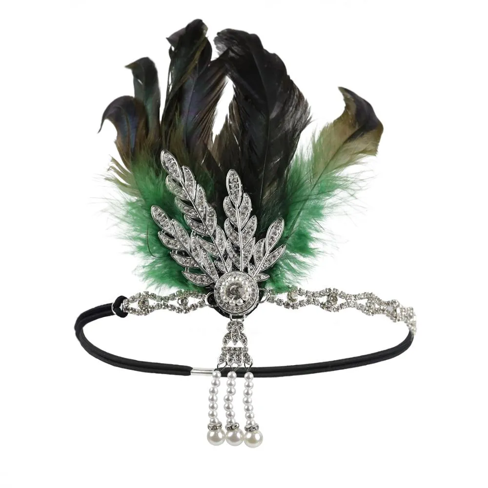 deanwangkt 1920S Flapper Headband Feather Headpiece Roaring 20S Great Gatsby Inspired Leaf Medallion Pearl Headband Women Hair Accessories