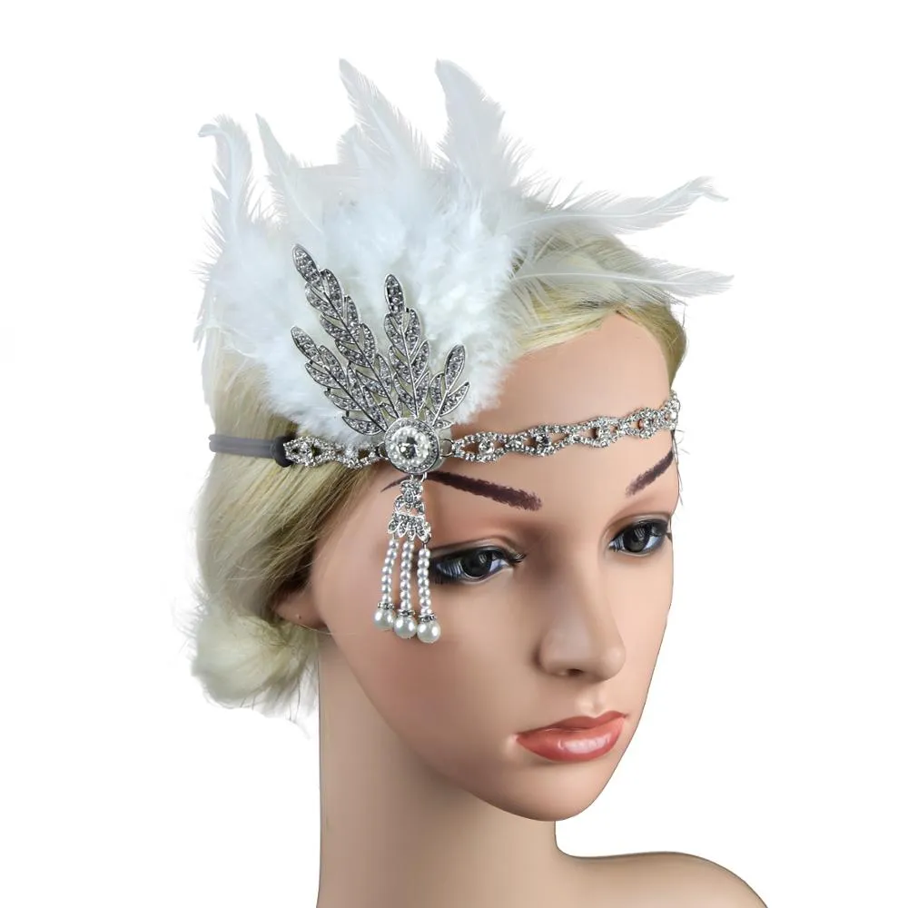 deanwangkt 1920S Flapper Headband Feather Headpiece Roaring 20S Great Gatsby Inspired Leaf Medallion Pearl Headband Women Hair Accessories