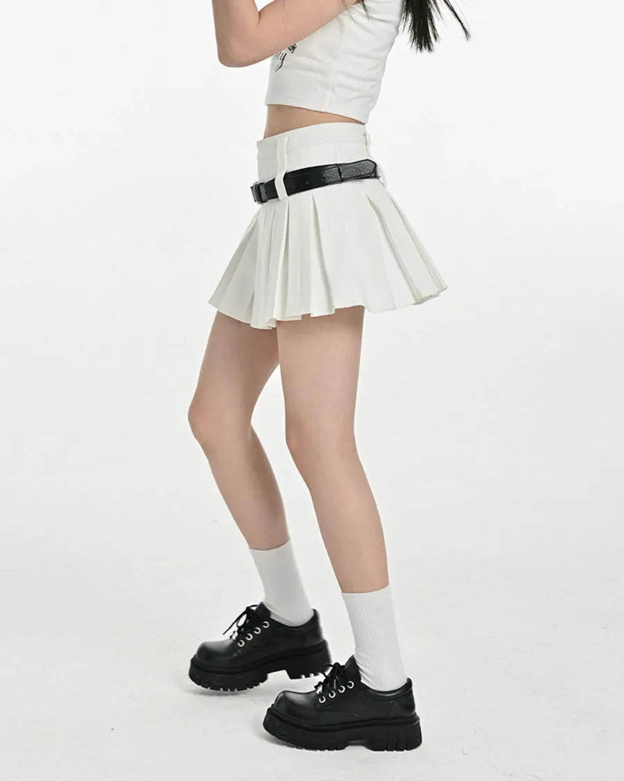 Double Belt Pleated Mini Skirt