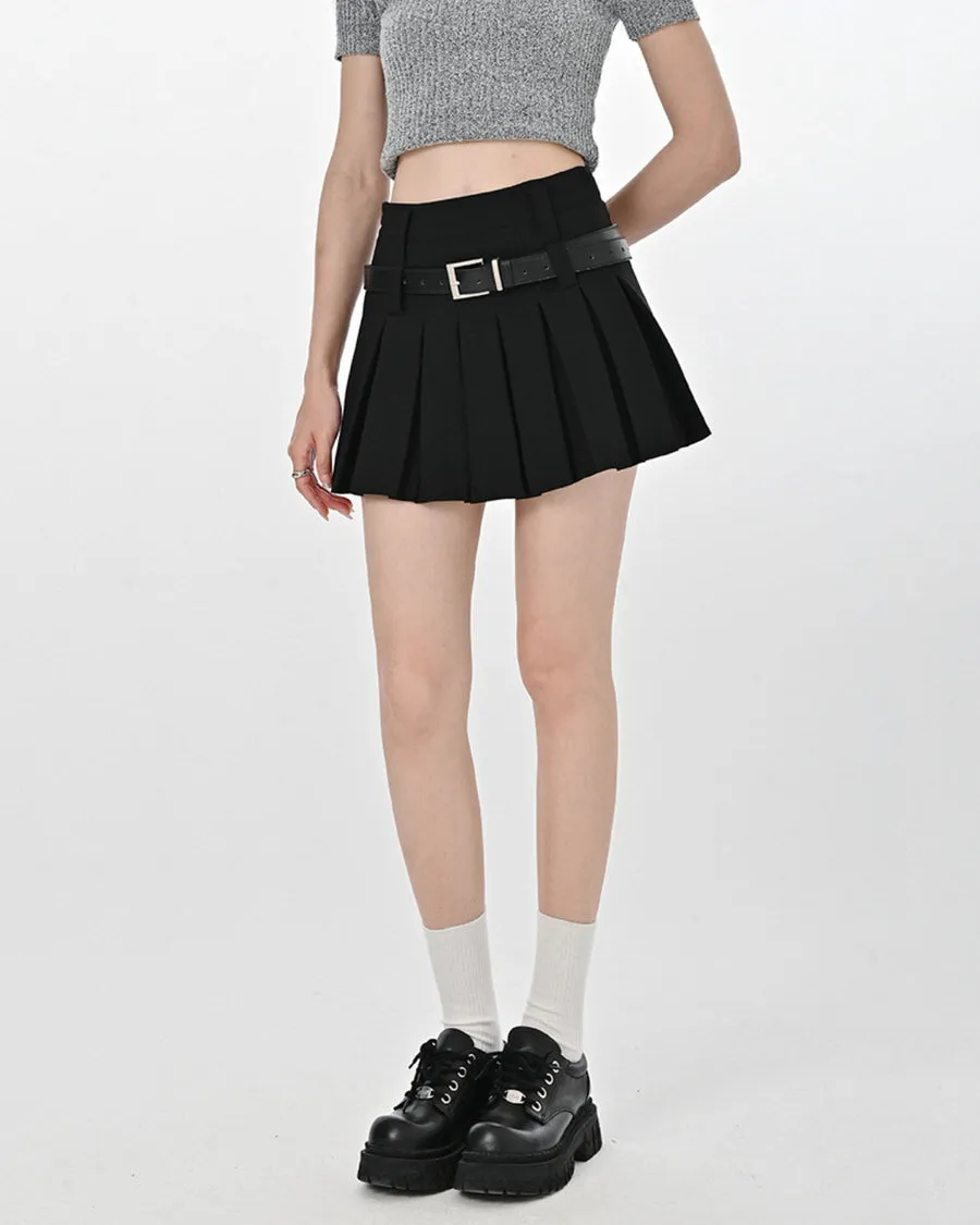 Double Belt Pleated Mini Skirt