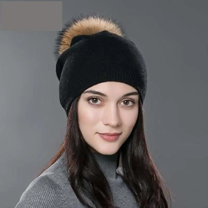 Fur Pom Pom Wool Knitted Thick Warm Beanies Hats