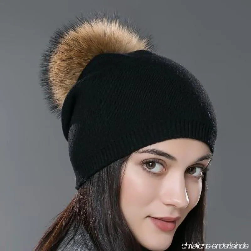 Fur Pom Pom Wool Knitted Thick Warm Beanies Hats