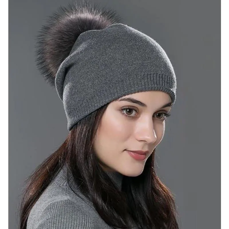 Fur Pom Pom Wool Knitted Thick Warm Beanies Hats