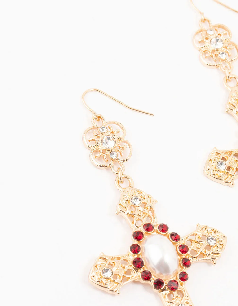 Gold  & Red Pearl Large Cross Drop Earrings