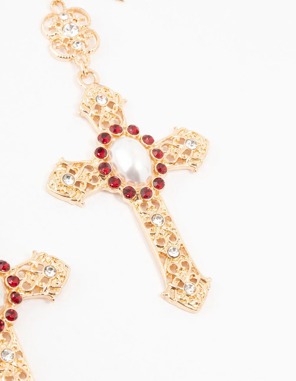 Gold  & Red Pearl Large Cross Drop Earrings