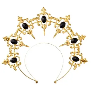 Gothic Goddess Spiked Halo Crown Festival Headdress Headband - Gold with Black Stone