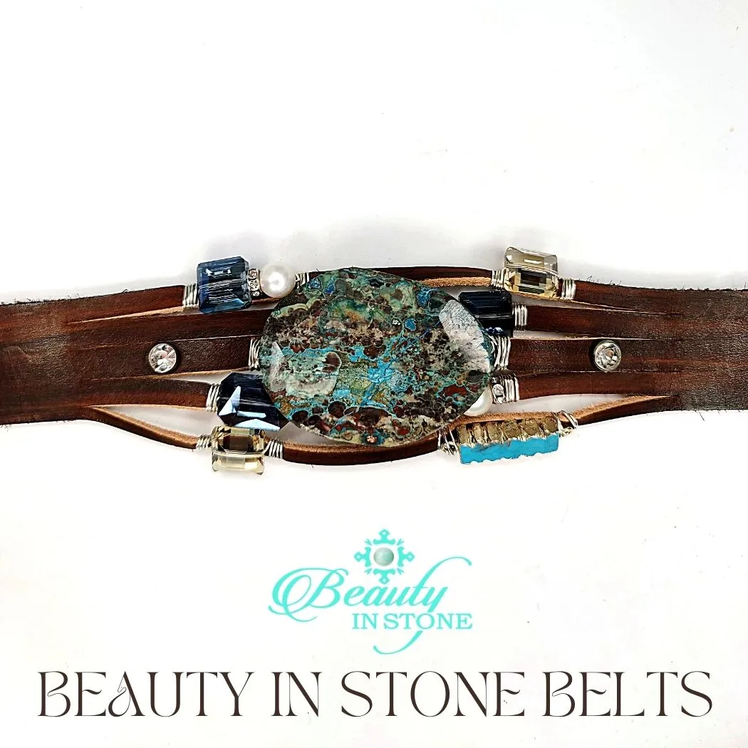 Handmade Leather Belt Dark Brown/Turquoise Gemstone & Rhinestones