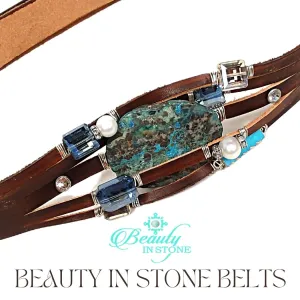 Handmade Leather Belt Dark Brown/Turquoise Gemstone & Rhinestones