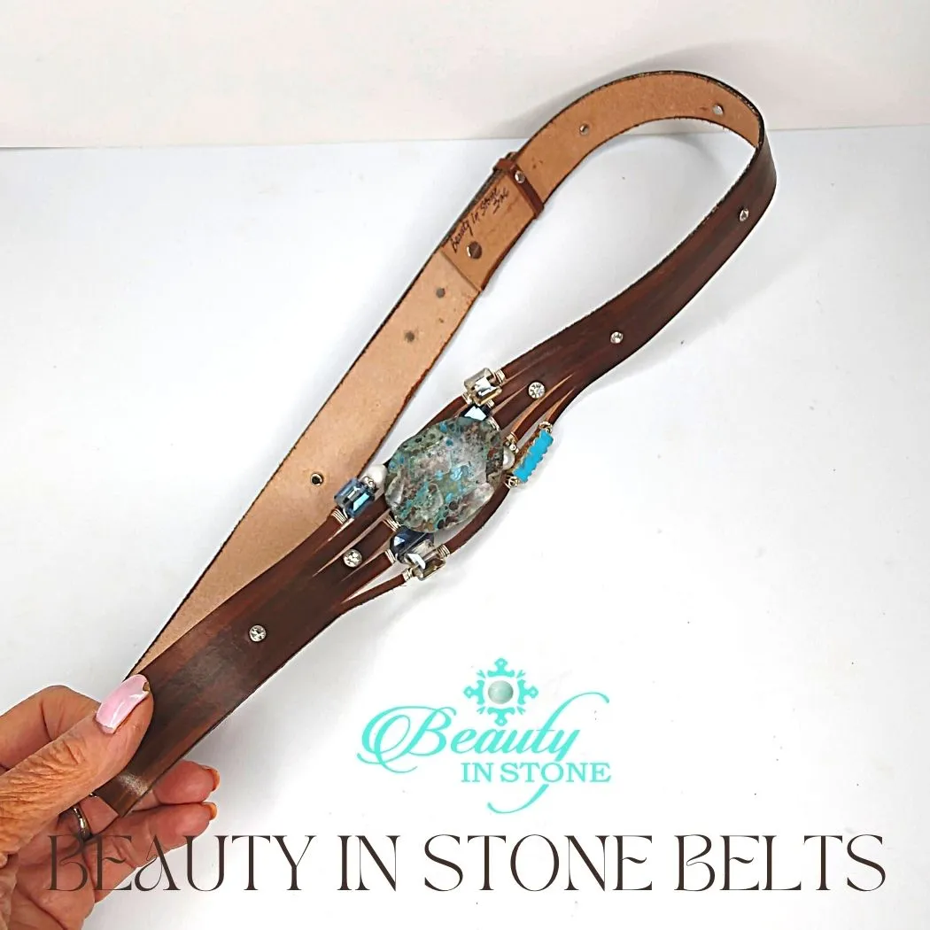 Handmade Leather Belt Dark Brown/Turquoise Gemstone & Rhinestones