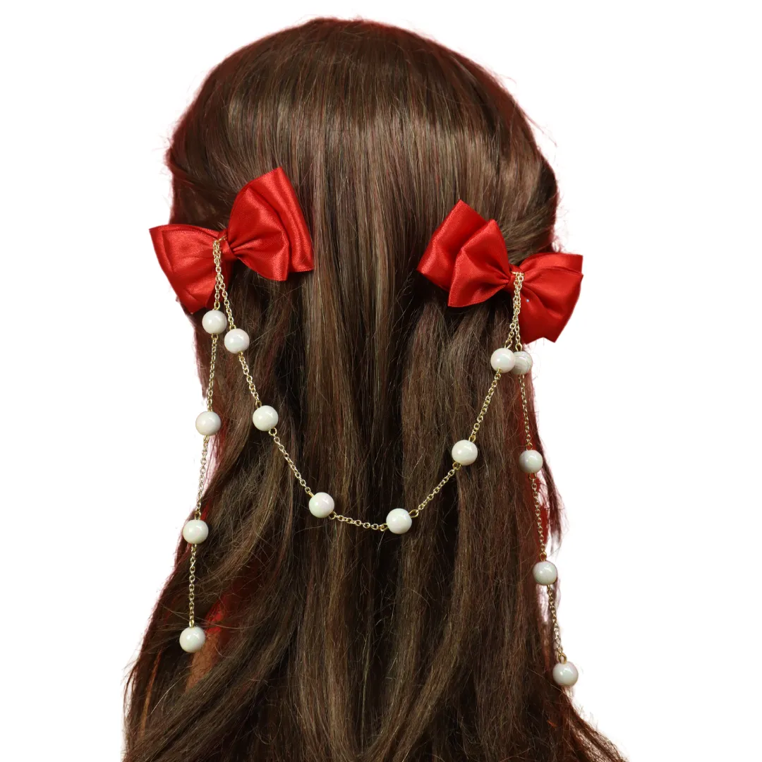 Kamule Christmas Theme Bow with Chain Tassel Hair Clips