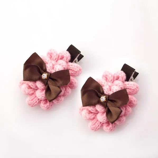 Knitted Yarn Flower Hair Clips with Bow [Pair]