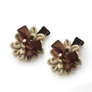 Knitted Yarn Flower Hair Clips with Bow [Pair]