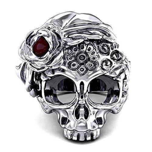 Ladies Skull Ring Antique Big Statement Ruby Flower Seleton Jewelry