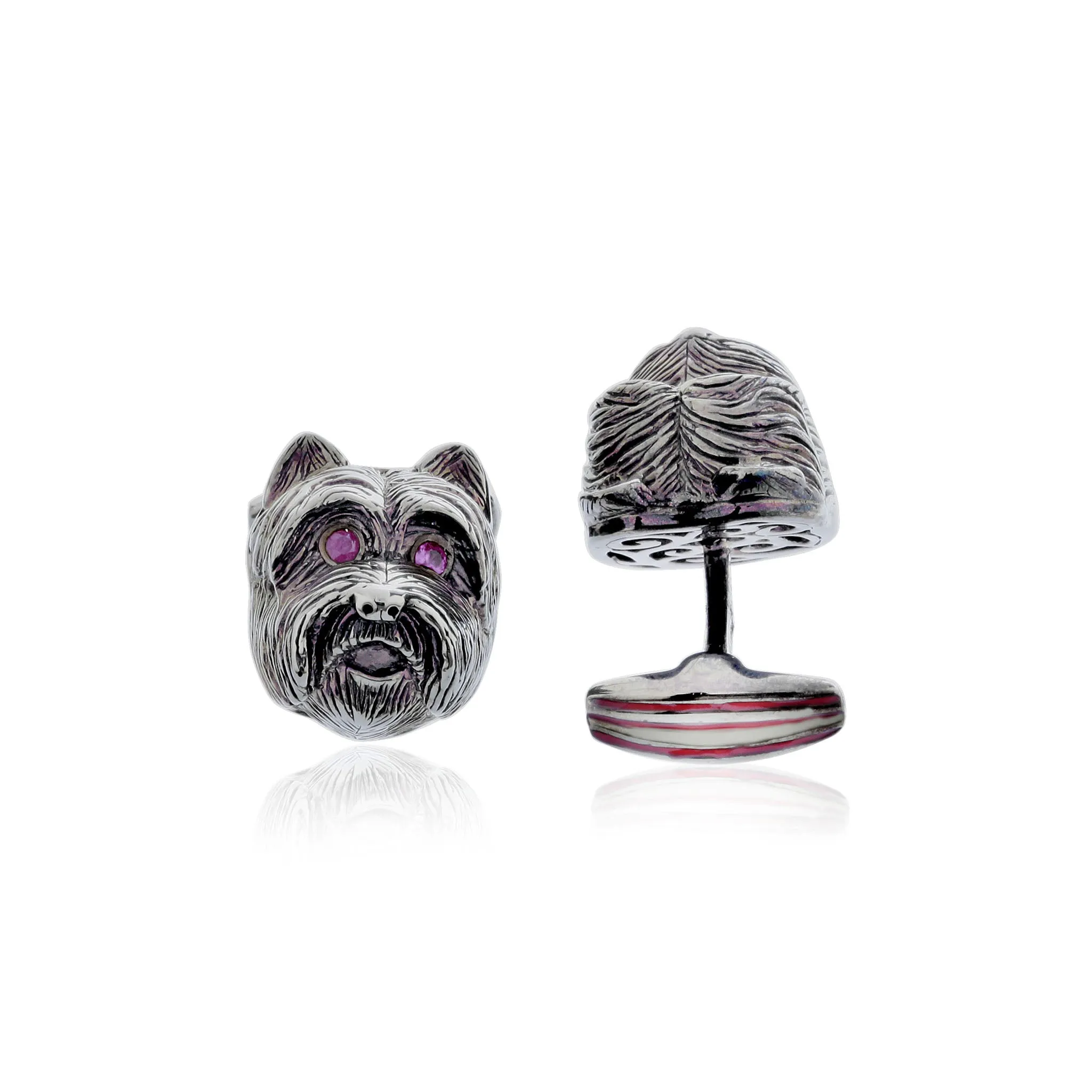 MCL Design Dog Cufflinks with Cool Wine Enamel & Rubies