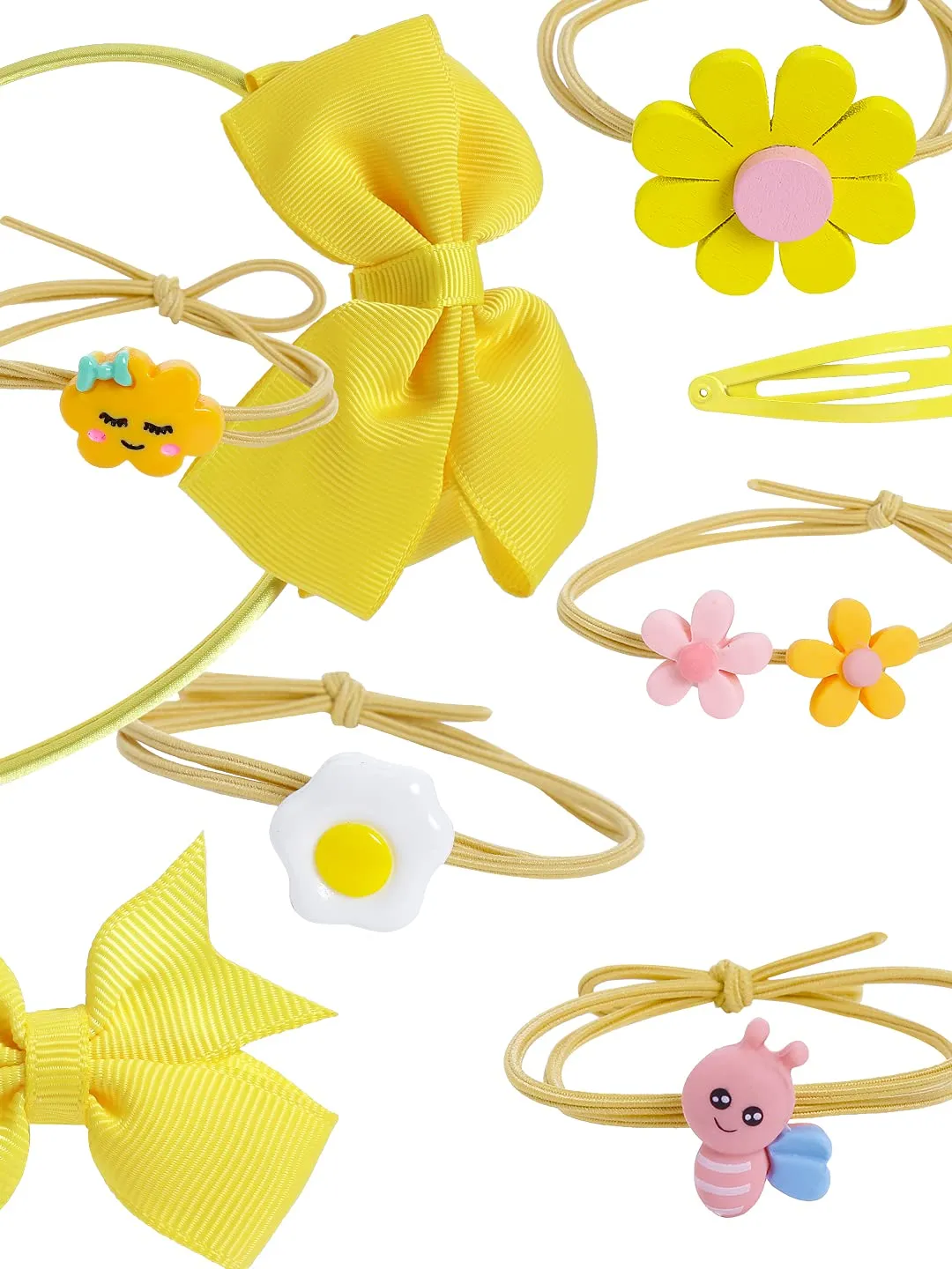 Melbees by Yellow Chimes Set of Hair Accessories Set of Bow Hair Band, 1 PCS Bow Hair Clips, 4 PCS Tic-Tac Hair Clips and 5 PCS Rubber Bands Pony Holders for Girls and Kids, Meduim (YCHASET-KD001-YL)