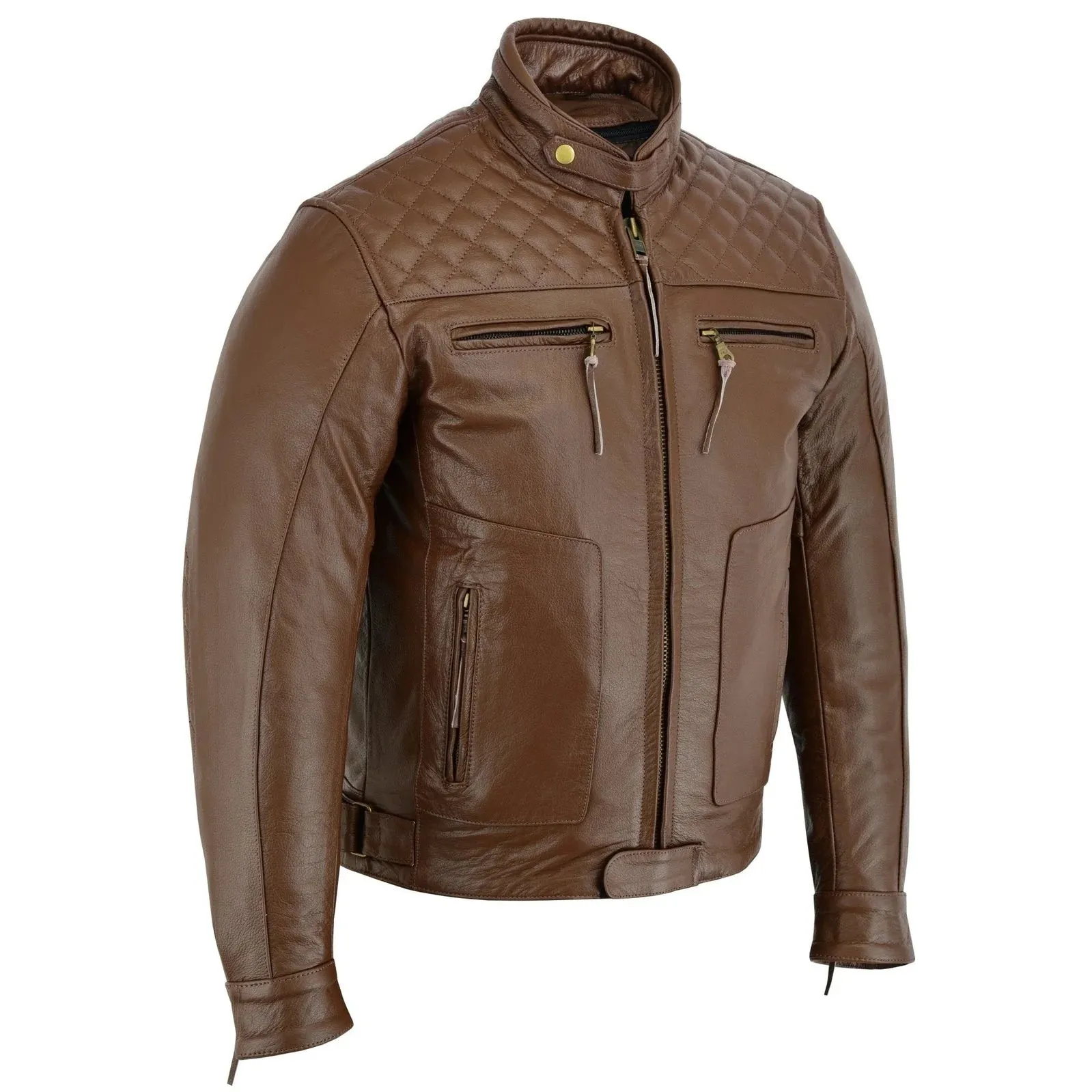 Mens Diamond Black & Brown Leather Motorcycle Jacket Cowhide