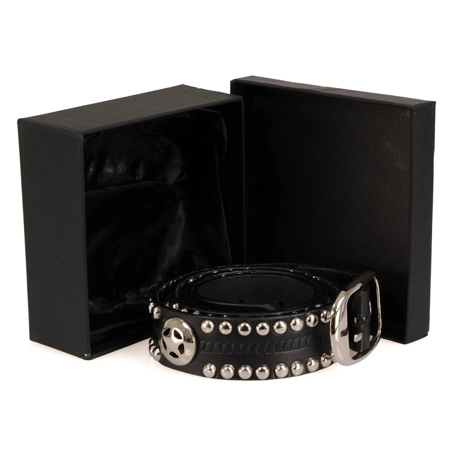 Milwaukee Leather MP7131 Men's Chrome Studded & Star Emblem Black Leather Belt w/ Interchangeable Buckle -1.5 in Wide